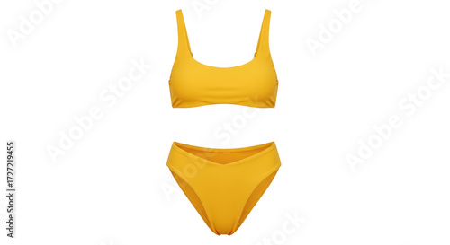Isolated golden yellow two-piece swimsuit in studio setting, swimwear for beach summer vacation