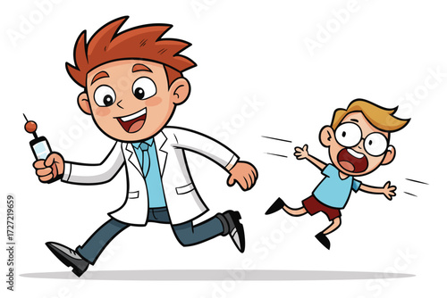 Cartoon Doctor Chasing Boy with Syringe Humorous Vaccine or Injection Illustration Depicts Childhood Fear