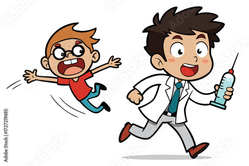 Cartoon Doctor Chasing Boy with Syringe Vaccination, Healthcare, Pediatric Medicine Humor