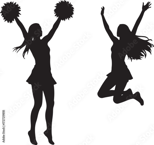 Two cheerleaders in silhouette one jumping one holding pom poms