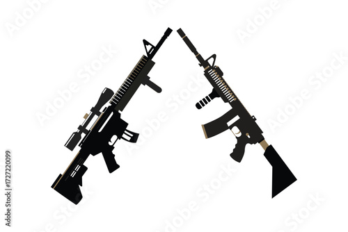 Modern assault rifles vector illustration with detailed black and gray firearm weapon designs isolated on white background, tactical military gun collection for army, security, defense, combat, huntin