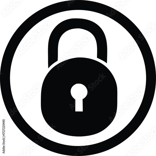 Simple black padlock icon within a circular border symbolizing security safety and locked digital information protection concept design