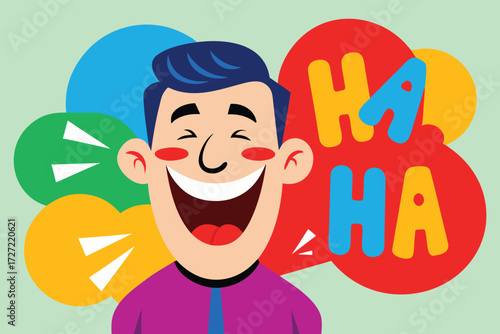 Cartoon Man Bursting into Laughter with Colorful Speech Bubbles Displaying HA HA Text