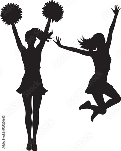 Two cheerleaders in silhouette one jumping with arms raised