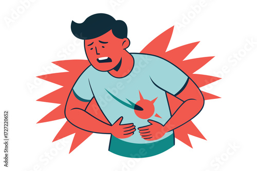 Cartoon Man Clenching Stomach with Abdominal Pain Illustration for Healthcare or Medical Purposes