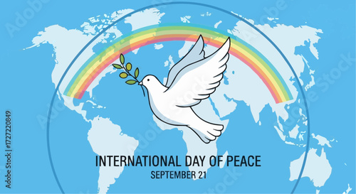 Celebrate International Day of Peace on September 21st with a hopeful dove carrying an olive branch over a world map with a vibrant rainbow promising global harmony, unity, and tranquility
