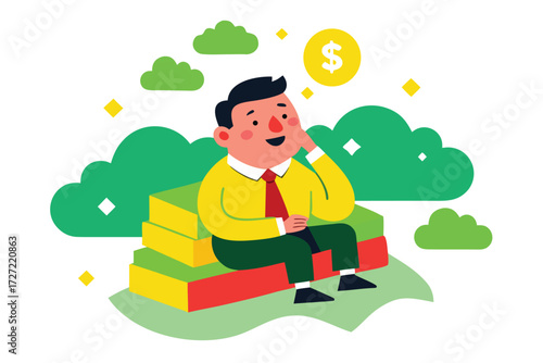 Cartoon Man Dreaming of Wealth While Sitting on Colorful Step Blocks Outdoors