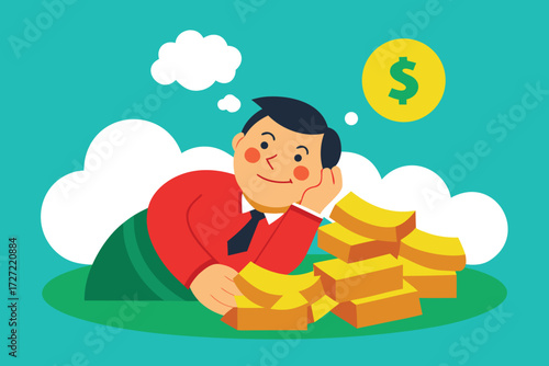 Cartoon Man Dreaming of Wealth with Pile of Gold Bars and Dollar Symbol