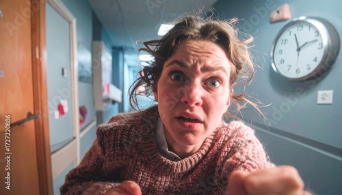 A worried woman nervously glances at the clock, anxiety etched on her face and emotion