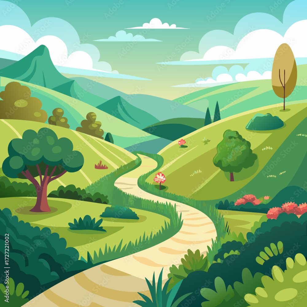 Obraz premium Charming cartoon countryside path winding through lush green hills and trees