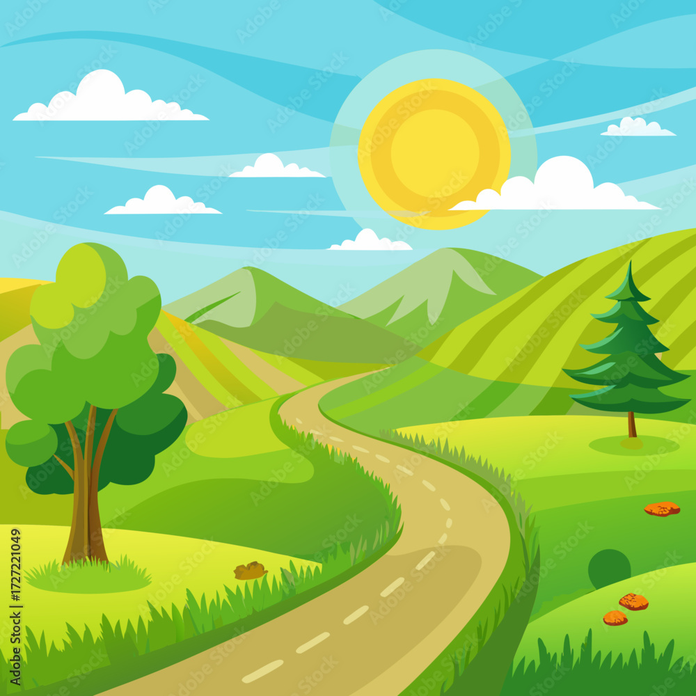 Fototapeta premium Bright cartoon vector scenic landscape with winding path sunny day and green hills