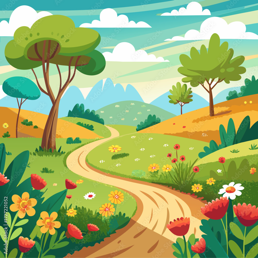 Fototapeta premium Vibrant cartoon countryside path illustration with blooming flowers and green trees