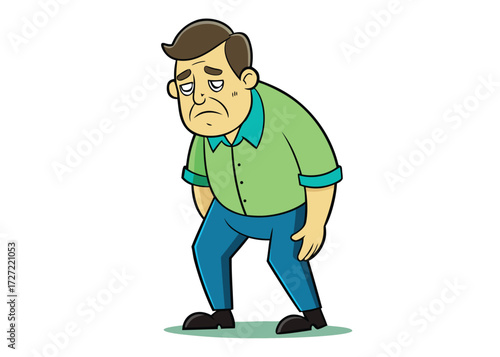 Cartoon Man Illustration Depicting Sadness, Despair, and Disappointment While Bending Over in a Green Shirt