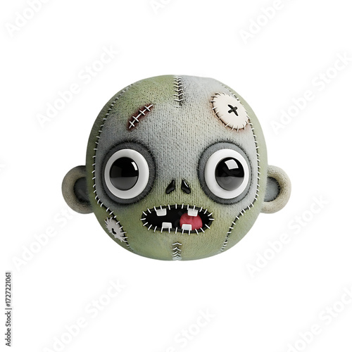 Cute zombie toy stares with big eyes, featuring stitched patches and a playful, spooky vibe on a white surface.