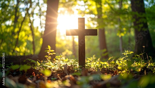 Sunlight shining on a wooden cross in a forest