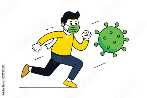 Cartoon Man in Mask Running Away from Coronavirus Illustration on White Background
