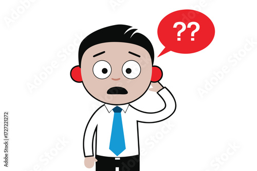 Cartoon Man in Office Attire with Confused Expression and Question Marks Bubble