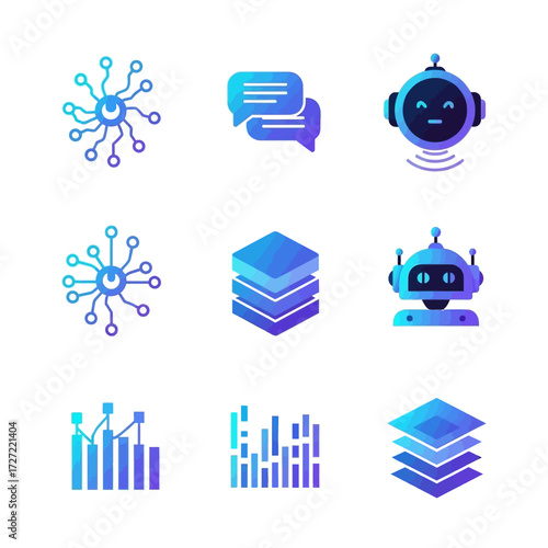 Digital AI Icons: A sleek array of digital icons, representing the innovative realms of artificial intelligence, data, and virtual interaction in a modern, tech-savvy style.