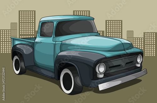 Dark blue vintage pickup truck illustration, classic retro automobile with city background, nostalgic old vehicle art for branding and merchandise