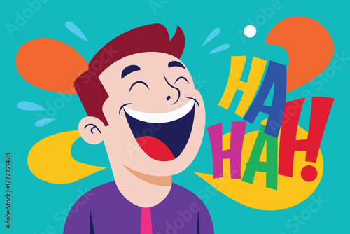 Cartoon Man Laughing Out Loud with Colorful HAHA Text on Teal Background