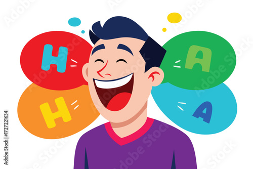 Cartoon Man Laughing with HAHA Bubbles, Colorful Illustration of Joyful Expression, Humor, and Happiness