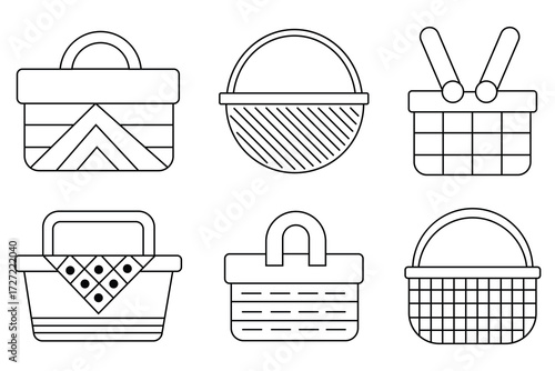 Collection of black and white picnic basket icons. Decorative basketry picnic containers. Fruit hamper, food wicker. Vector basket cooler hamper collection. 