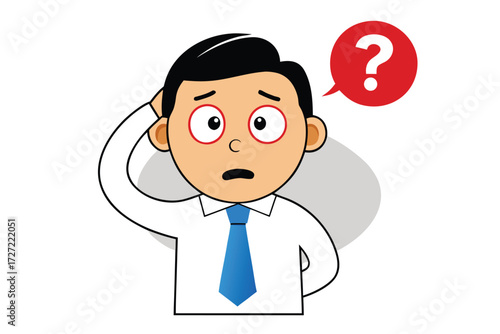 Cartoon Man Scratching Head with Question Mark. Confused Employee Illustration