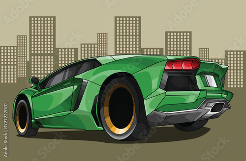 Green luxury sports car illustration, stylish fast exotic automobile design, cartoon vehicle art with city background for branding and automotive projects