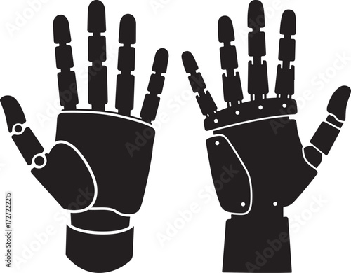 Two black robotic hands open in a gesture of welcome silhouette
