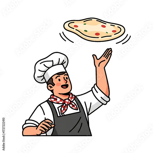 Happy Pizza Chef Tossing Dough in Air Cooking Delicious Italian Food