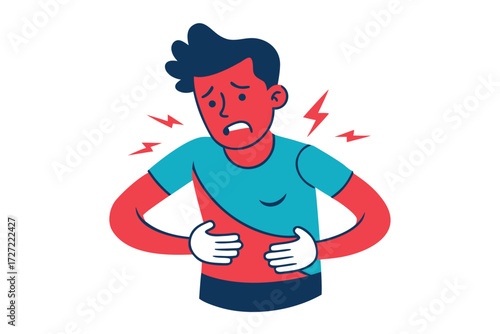 Cartoon Man Suffering from Abdominal Pain, Red Face and Hands, with Pain Symbols