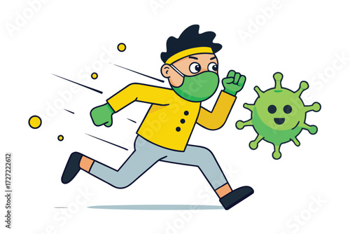 Cartoon Man Wearing Mask Running From Coronavirus, Yellow Circles And Lines Background