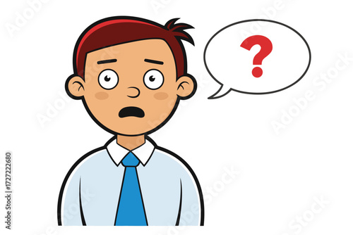 Cartoon Man with Question Mark Bubble, Wearing Shirt and Tie, Looks Perplexed