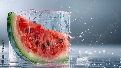 Watermelon slice in ice cube