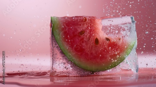 Watermelon slice in ice cube