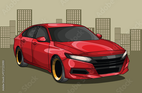 Red luxury sports car illustration, fast exotic automobile design, urban background concept art for branding, merchandise, and automotive projects