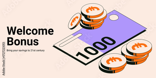 Welcome bonus with Bitcoin coins and digital savings illustration in modern finance theme Digital banner, card, poster 