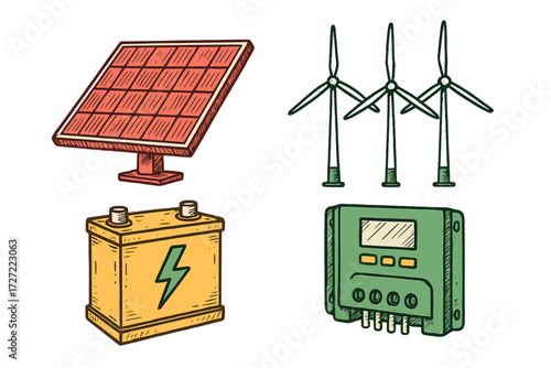 Renewable energy system components including solar panel, wind turbines, battery, and charge controller