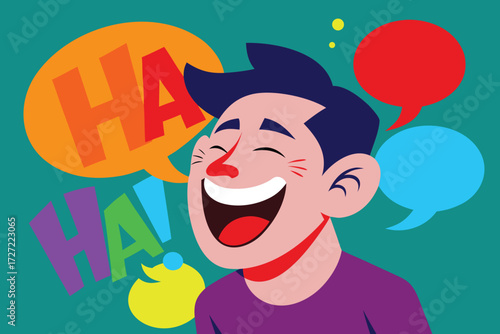 Cartoon of a Boy Bursting into Laughter Surrounded by Colorful Speech Bubbles