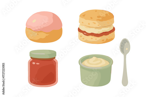 Cream tea elements with scones, strawberry jam, clotted cream, and spoon on white background
