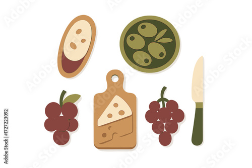 Assortment of gourmet charcuterie board items including cheese, grapes, olives, and bread with a knife