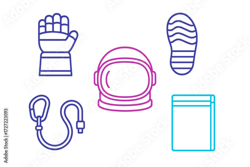Astronaut helmet, glove, footprint, tether, and space food pouch for cosmic exploration and future travel