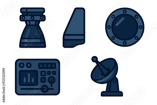 Detailed collection of space technology icons featuring a rocket engine, porthole, control panel, and satellite dish