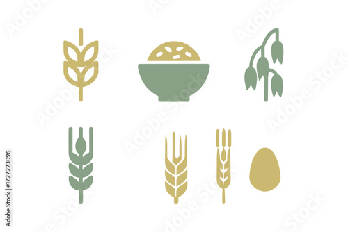 Minimalist design elements featuring essential farm produce and grains including wheat, rice, oats, and an egg for healthy food concepts