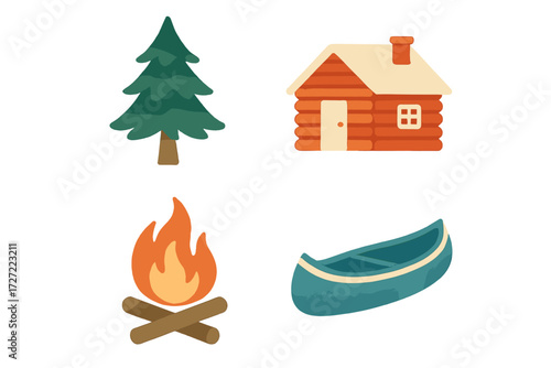 Essential outdoor adventure and camping elements featuring a green pine tree, a cozy log cabin, a burning campfire, and a blue canoe