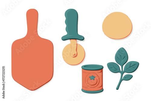 Fresh pizza making ingredients and kitchen tools including raw dough, a pizza peel, cutter, tomato can, and fragrant basil leaves arranged for cooking