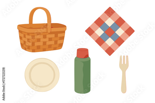 Picnic essentials set with woven basket, checkered blanket, plate, thermos, and wooden fork for outdoor dining