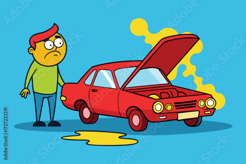 Cartoon of a Sad Man Standing Near a Broken Down Red Car With Leak