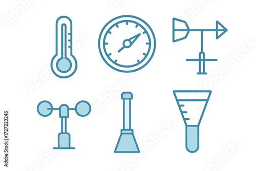 Set of weather instruments and meteorological tools for climate measurement, atmospheric conditions, and environmental forecasting