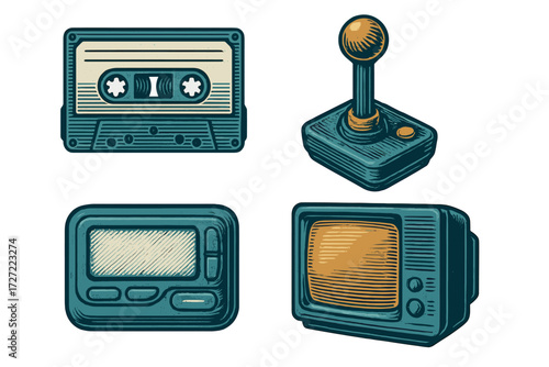 Vintage electronic devices collection with cassette tape, video game joystick, pager, and old television